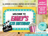Movie Party Welcome Sign for girls. EDITABLE Movie Birthday Sign. Popcorn. Clapperboard Instant Download MO3