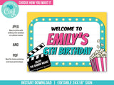 Movie Party Welcome Sign for girls. EDITABLE Movie Birthday Sign. Popcorn. Clapperboard Instant Download MO3