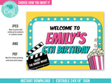 Movie Party Welcome Sign, Girl Editable Movie Birthday Sign, Popcorn, Clapperboard Instant Download