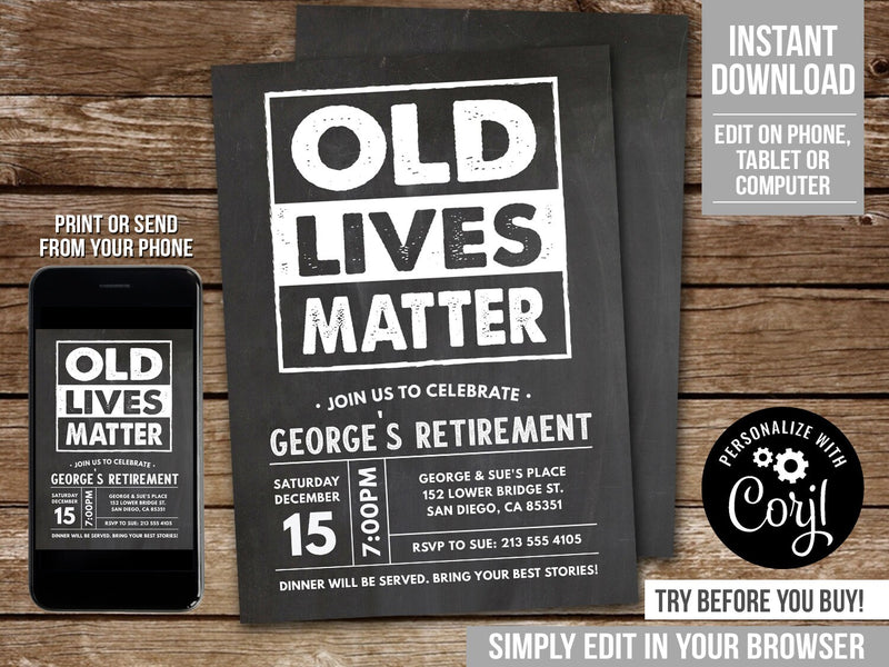 Retirement Party Invitation, Editable Old Lives Matter Retirement Party Digital Invite