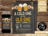 Editable Cold One for the Old One Birthday Invitation for a man. Vintage Beer Digital Invite