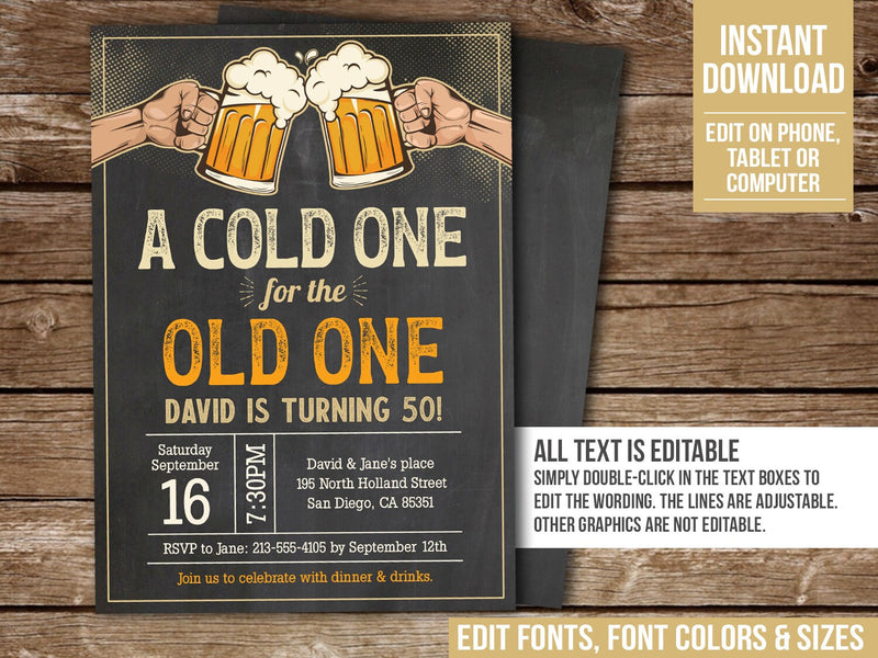 Editable Cold One for the Old One Birthday Invitation for a man. Vintage Beer Digital Invite