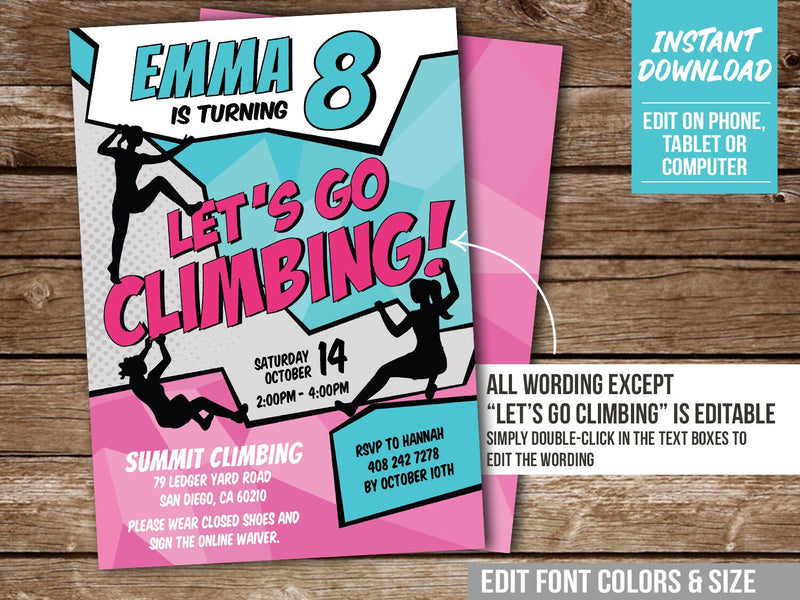 Rock Climbing Party Invitation for Girls. EDITABLE Indoor Climb Birthday Invite CL3