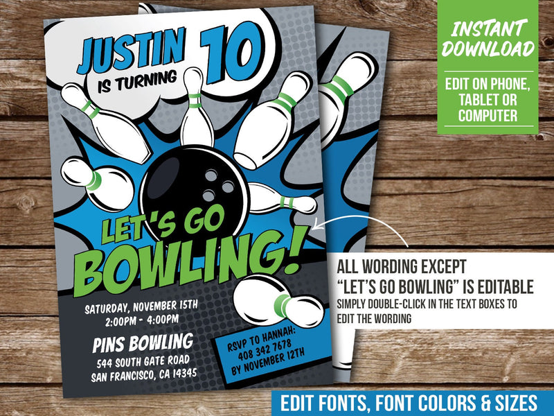 Bowling Birthday Invitation for Boys. EDITABLE Tenpin Bowling Party Editable Invite. Blue & Green. Edit in Corjl BB3