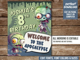 Zombies Party Welcome Sign. EDITABLE Zombie Apocalypse Party Decoration Custom Sign Corjl