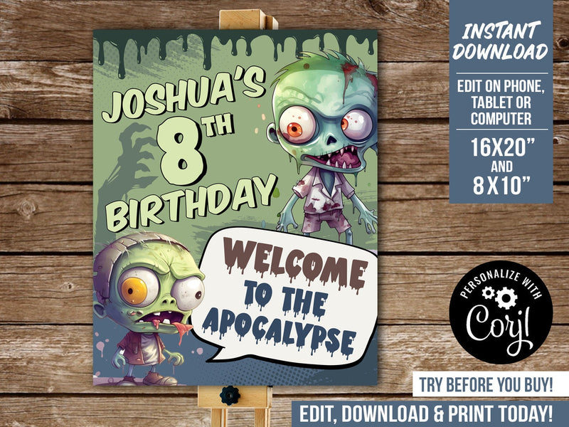 Zombies Party Welcome Sign. EDITABLE Zombie Apocalypse Party Decoration Custom Sign Corjl
