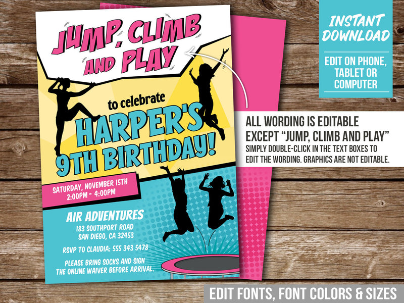 EDITABLE Jump Climb & Play Party Invitation. Trampoline Bouncing Invite for Girls CL3