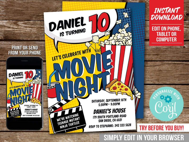 Movie Night Birthday Invitation for Boys. Pizza and Movies Party Invite. EDITABLE  in Corjl MO1