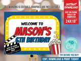 Editable Movie Birthday Welcome Sign for boys. Movies Party Poster Template with Popcorn Instant Download MO1