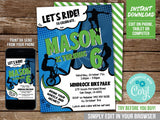 Let's Ride Bike Skater Scooter Birthday Party Invitation for Boys. EDITABLE Party Invite BS3