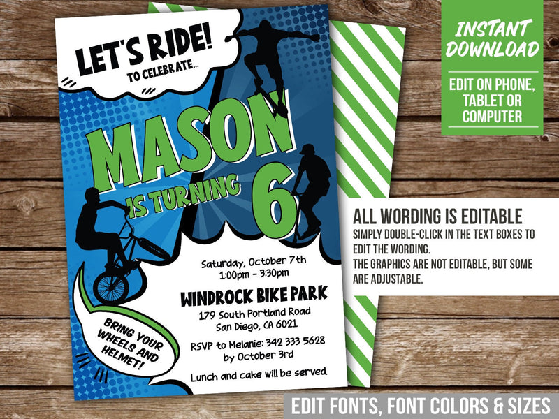 Let's Ride Bike Skater Scooter Birthday Party Invitation for Boys. EDITABLE Party Invite BS3