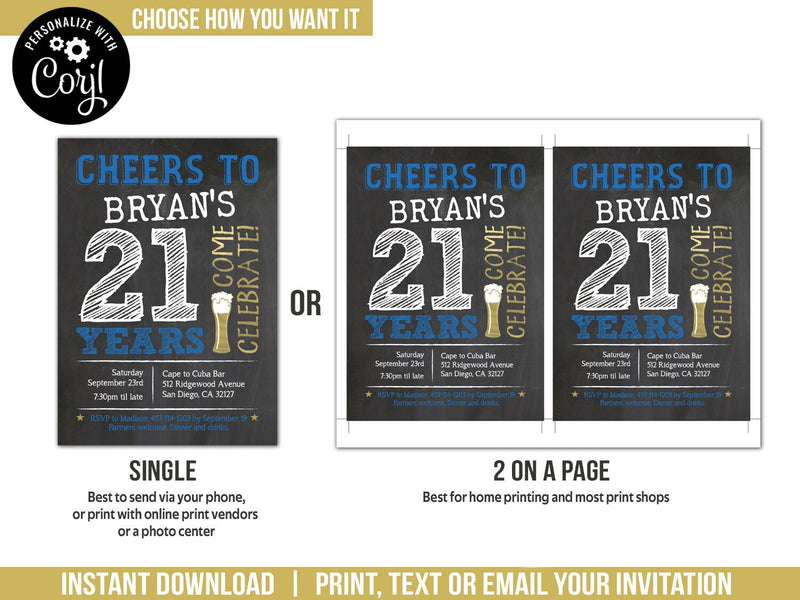 Editable 21st Birthday Invitation Template, Beer Theme Cheers 21 Years Digital Invite