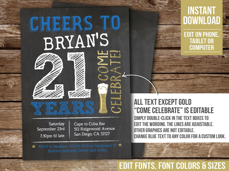 Editable 21st Birthday Invitation Template, Beer Theme Cheers 21 Years Digital Invite