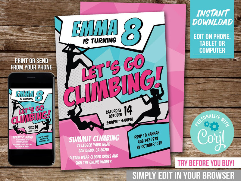 Rock Climbing Party Invitation for Girls. Editable Indoor Climb Birthday Digital Invite