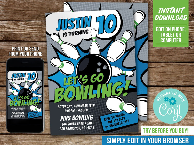 Bowling Birthday Invitation for Boys. EDITABLE Tenpin Bowling Party Editable Invite. Blue & Green. Edit in Corjl BB3