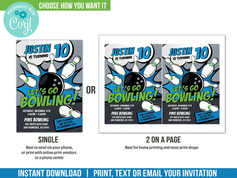 Bowling Birthday Invitation for Boys. EDITABLE Tenpin Bowling Party Editable Invite. Blue & Green. Edit in Corjl BB3