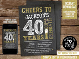 Editable 40th Birthday Invitation, Beer Theme Cheers to 40 Years Digital Invite