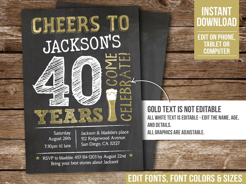 40th Birthday Invitation Beer Theme Cheers 40 Years for Men
