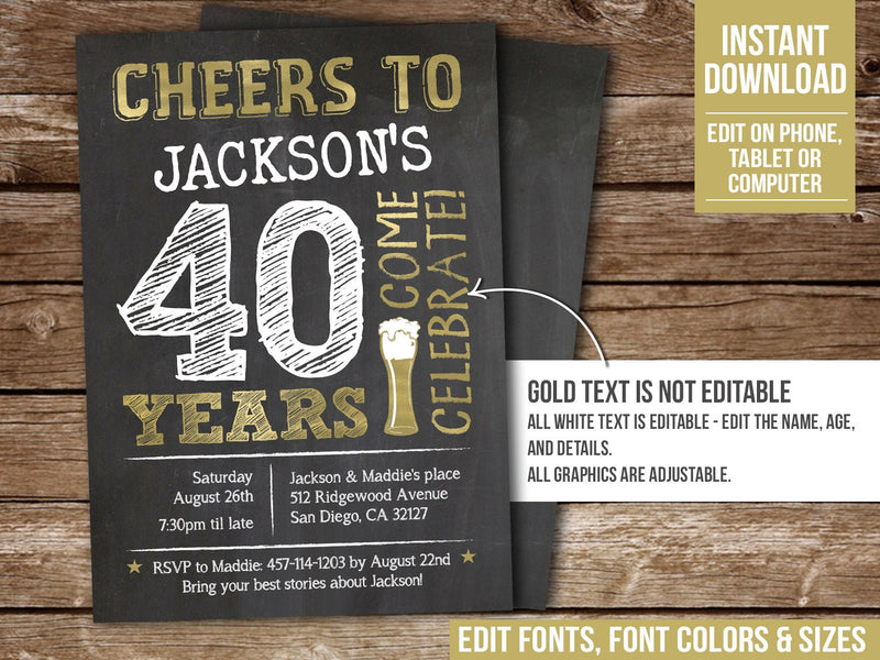 Editable 40th Birthday Invitation, Beer Theme Cheers to 40 Years Digital Invite