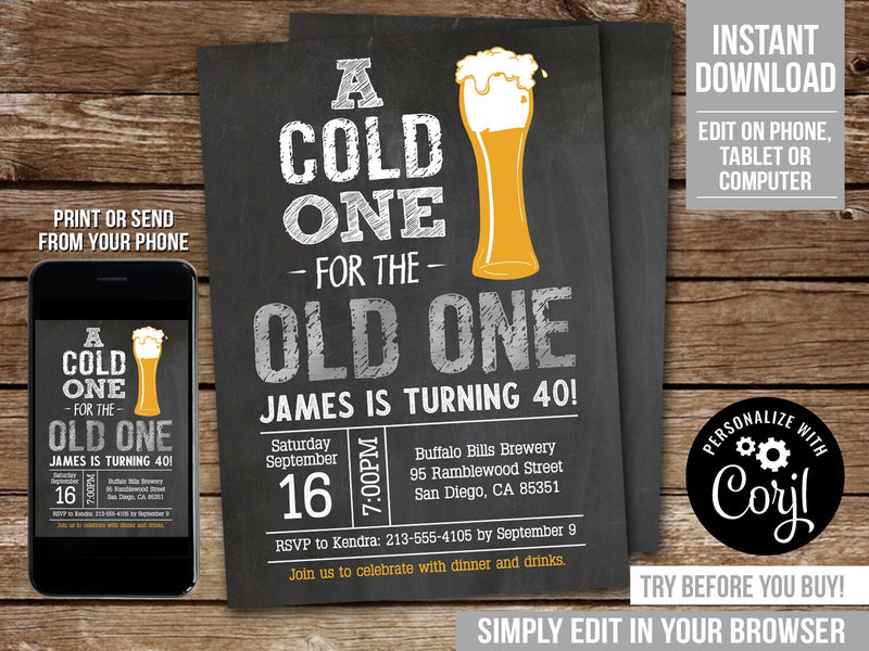 A Cold One for the Old One 40th Birthday Invitation Beer Party Invite