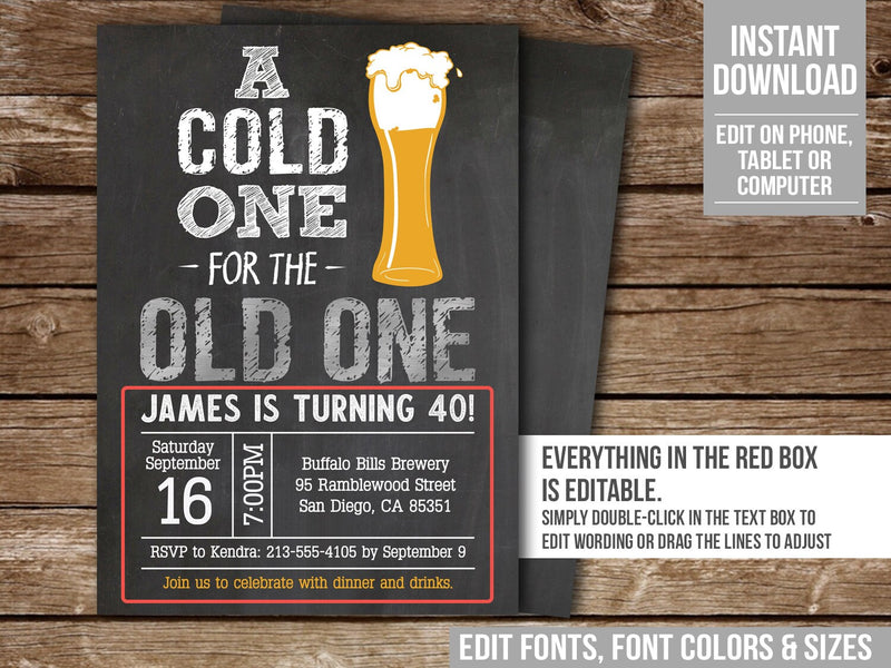 A Cold One for the Old One 40th Birthday Invitation Beer Party Invite