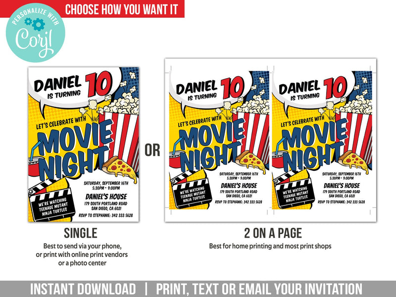 Movie Night Birthday Invitation for Boys. Pizza and Movies Party Invite. EDITABLE  in Corjl MO1