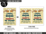 Cheers and Beers Birthday Invitation. EDITABLE 40th 50th 60th or Any Age Vintage Beer Party Invite VB1