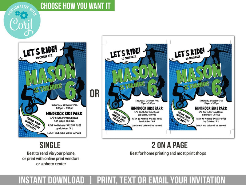 Let's Ride Bike Skater Scooter Birthday Party Invitation for Boys. EDITABLE Party Invite BS3