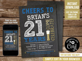 Editable 21st Birthday Invitation Template, Beer Theme Cheers 21 Years Digital Invite