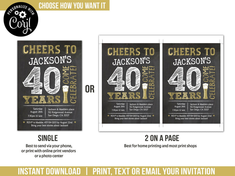 Editable 40th Birthday Invitation, Beer Theme Cheers to 40 Years Digital Invite