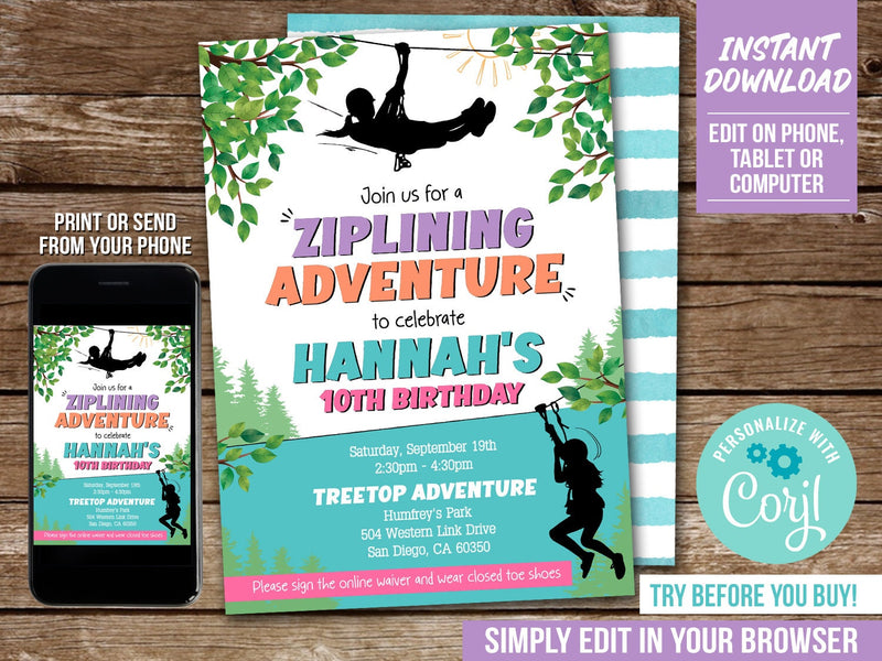 Ziplining Birthday Invitation for Girl. EDITABLE Zipline Party Invite  GZ1