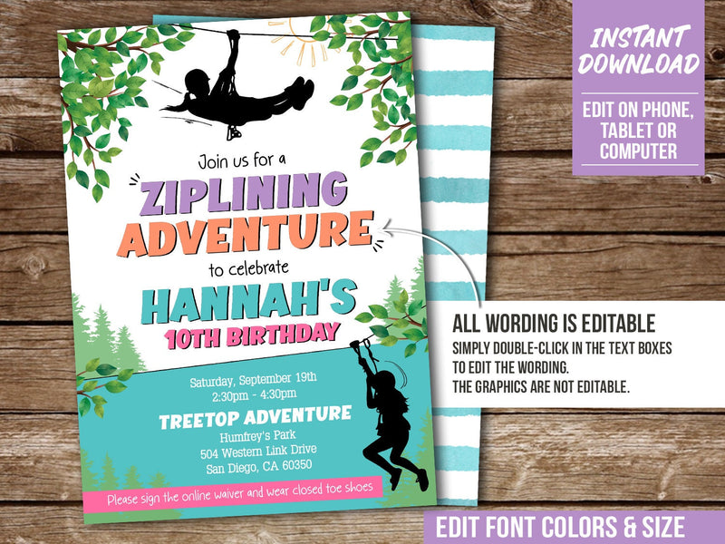 Ziplining Birthday Invitation for Girl. EDITABLE Zipline Party Invite  GZ1