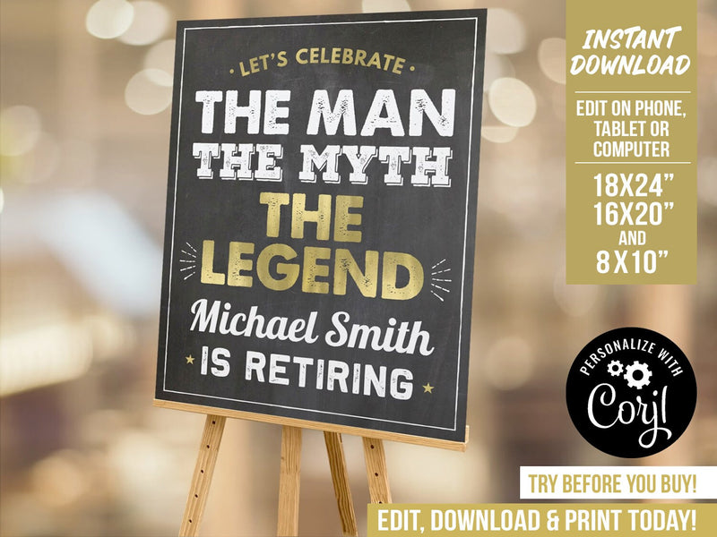 Personalized Retirement Sign. EDITABLE Man Myth Legend is Retiring. Retirement Party Decorations RE1