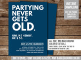 Editable Adult Birthday Invitation. Partying Never Gets Old. Digital party invite for any age