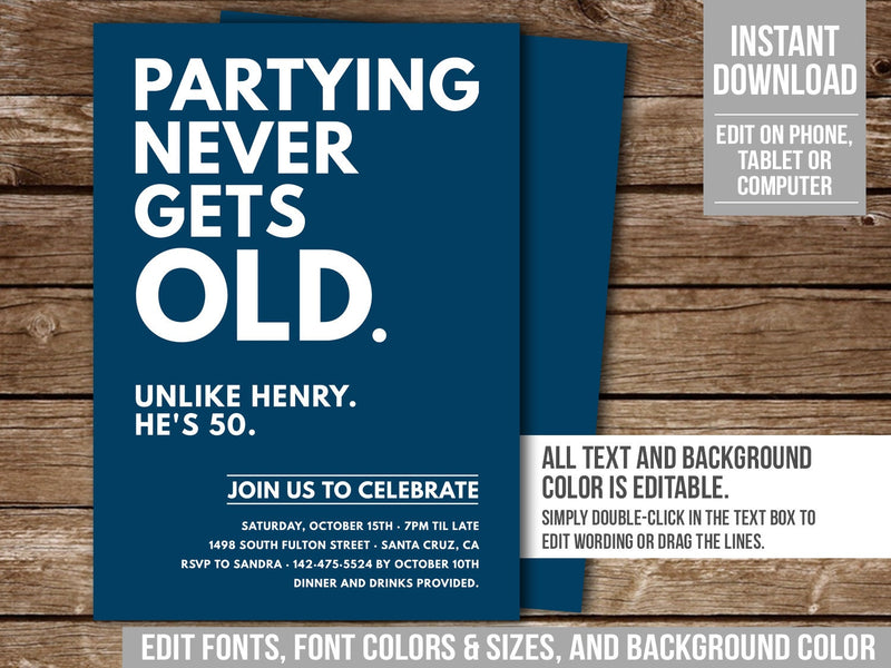 Adult Birthday Invitation. EDITABLE Partying Never Gets Old Party Invite. Any Age. Digital Download