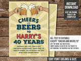 Cheers and Beers Birthday Invitation. EDITABLE 40th 50th 60th or Any Age Vintage Beer Party Invite VB1