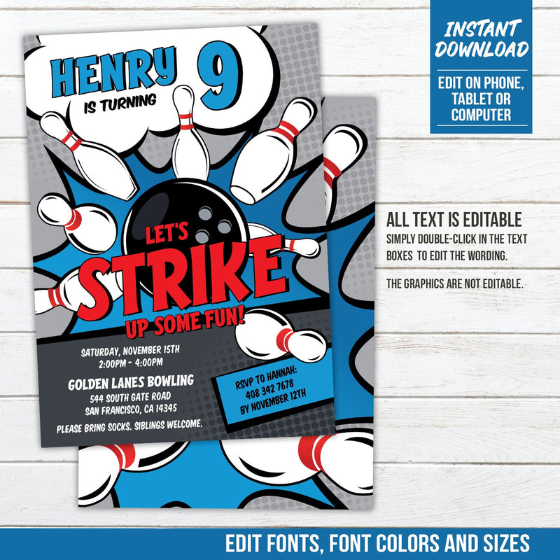 Bowling Birthday Invitation. Strike Up Some Fun EDITABLE Bowling Party Invite for Boys BB1