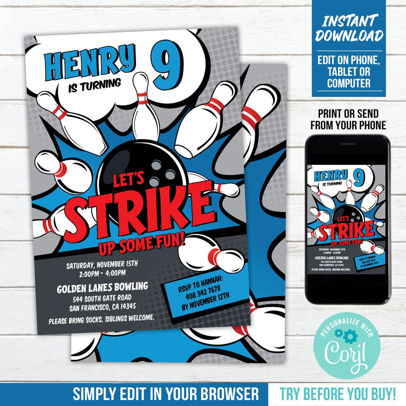 Bowling Birthday Invitation. Strike Up Some Fun EDITABLE Bowling Party Invite for Boys BB1