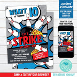 Bowling & Pizza Birthday Party Invitation. EDITABLE Strike Bowling Pizza Party Invite Corjl BB1