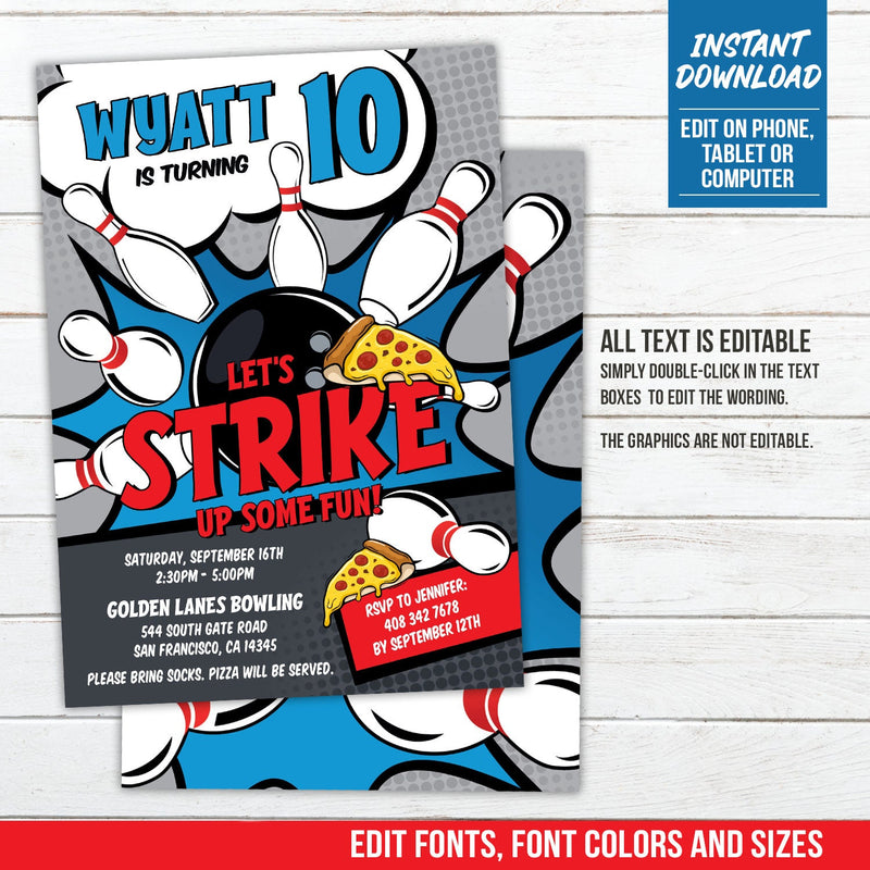 Bowling & Pizza Birthday Party Invitation. EDITABLE Strike Bowling Pizza Party Invite Corjl BB1