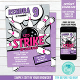 EDITABLE Bowling Party Invitation. Girls Strike Up Some Fun Bowling Birthday Invite. Purple, Glitter & Hot Pink BB2