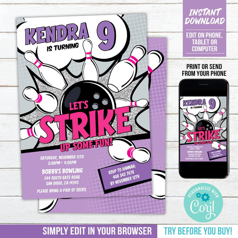 EDITABLE Bowling Party Invitation. Girls Strike Up Some Fun Bowling Birthday Invite. Purple, Glitter & Hot Pink BB2