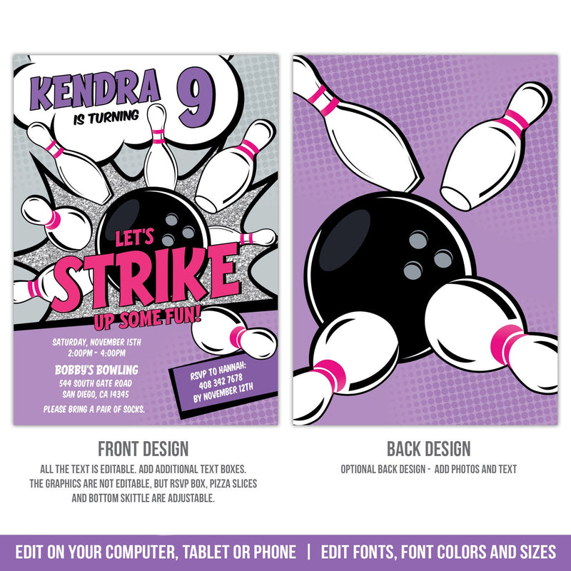 EDITABLE Bowling Party Invitation. Girls Strike Up Some Fun Bowling Birthday Invite. Purple, Glitter & Hot Pink BB2