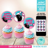 Editable Bowling Birthday Cupcake Toppers Girl Tenpin Cake Topper Decorations Digital Download PRINTABLE BB2