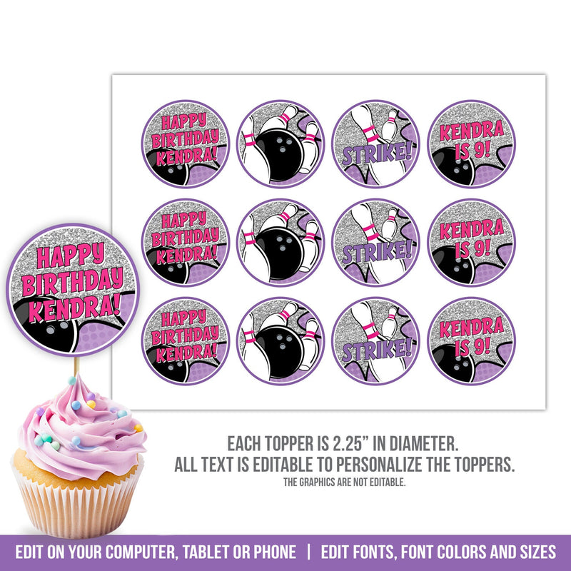 Bowling Birthday Cupcake Toppers Girl Editable Tenpin Bowl Party Cake Topper Purple Glitter Digital Download PRINTABLE BB2