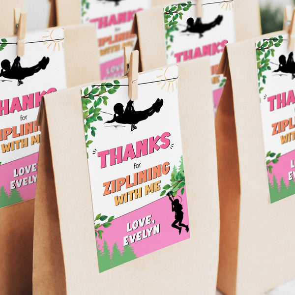 Express your gratitude with these editable Ziplining Party Thank You tags! Featuring adventurous girls ziplining through a forest scene, these tags are the perfect finishing touch for your zipline birthday decorations. Customize the text to add a personal touch. Instant Download and Editable in Corjl. By Tangled Tulip Designs.