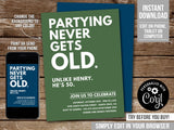 Editable Adult Birthday Invitation. Partying Never Gets Old. Digital party invite for any age