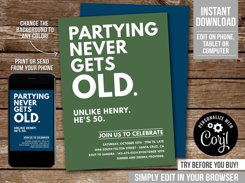 Adult Birthday Invitation. EDITABLE Partying Never Gets Old Party Invite. Any Age. Digital Download