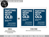 Adult Birthday Invitation. EDITABLE Partying Never Gets Old Party Invite. Any Age. Digital Download