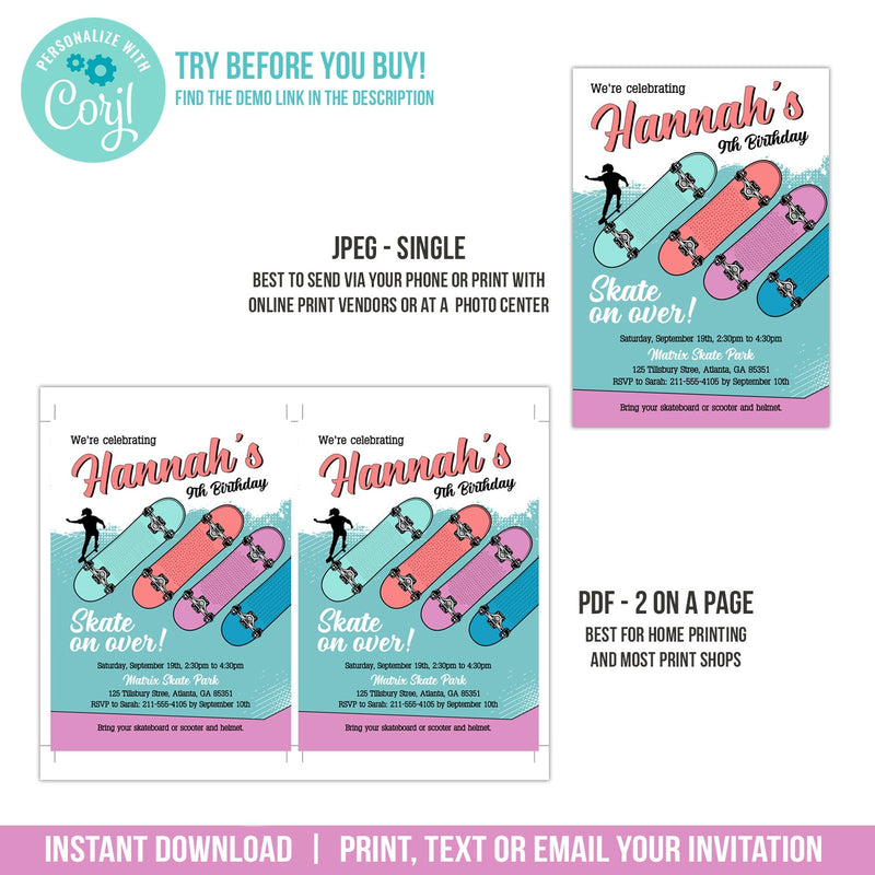 EDITABLE Skateboarding Birthday Invite. Skater Girl Skateboard Party Invitation. Edit in Corjl